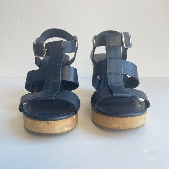 A.P.C. Navy Platform Sandals with Wood Block Heels - Picture 4 of 16